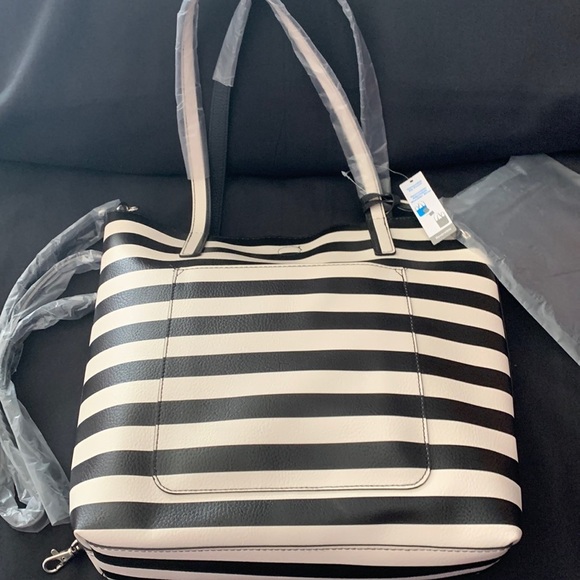 Handbags - Black and Off White Striped Tote Bag with Pouch. NWT